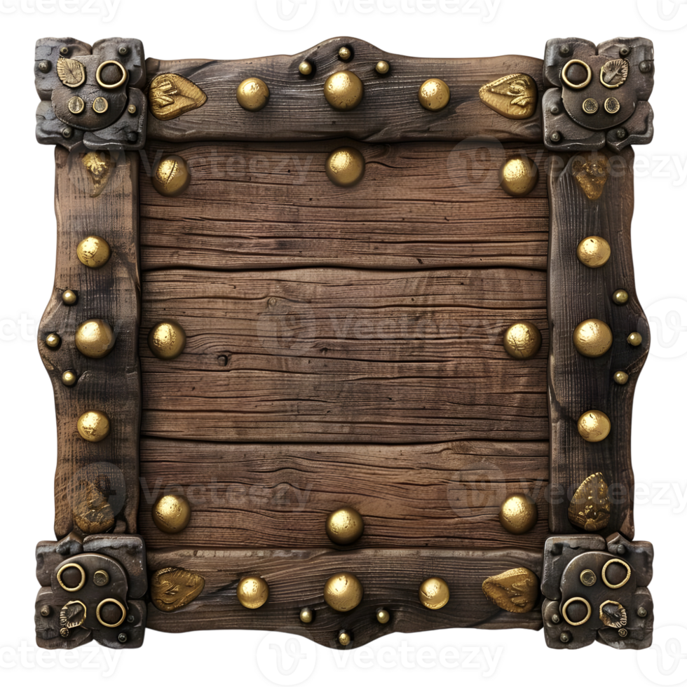 Square wooden frame with gold elements isolated on transparent background png