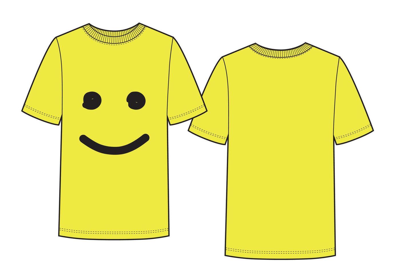 Yellow t-shirt with smile print. Front and back views. vector
