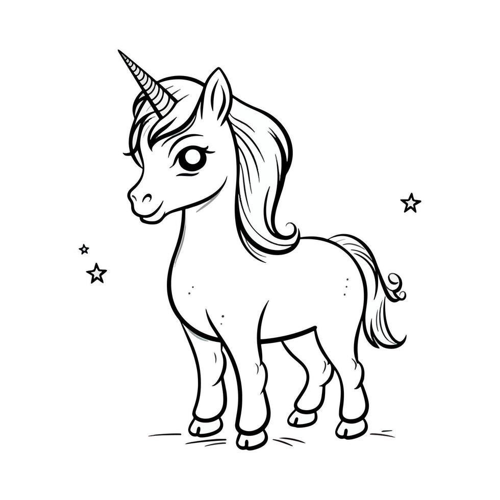 cute Unicorne, happy face, full body, side view, cartoon style, sticker, Unicorn rainbow coloring page illustration and white background. vector