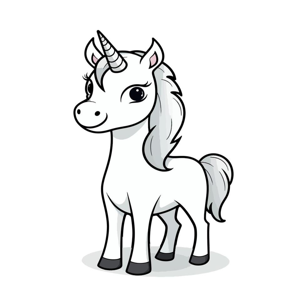 cute Unicorne, happy face, full body, side view, cartoon style, sticker, Unicorn rainbow coloring page illustration and white background. vector