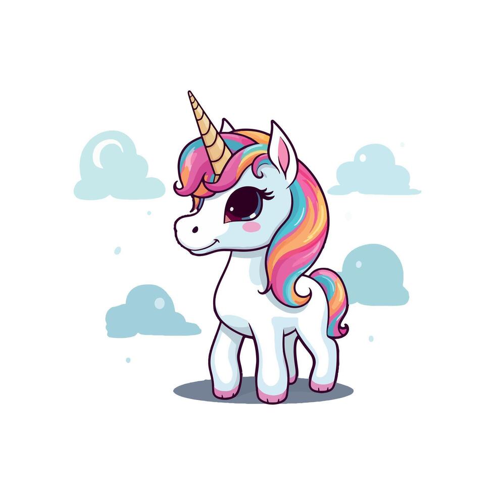 cute Unicorne, happy face, full body, side view, cartoon style, sticker, Unicorn rainbow coloring page illustration and white background. vector