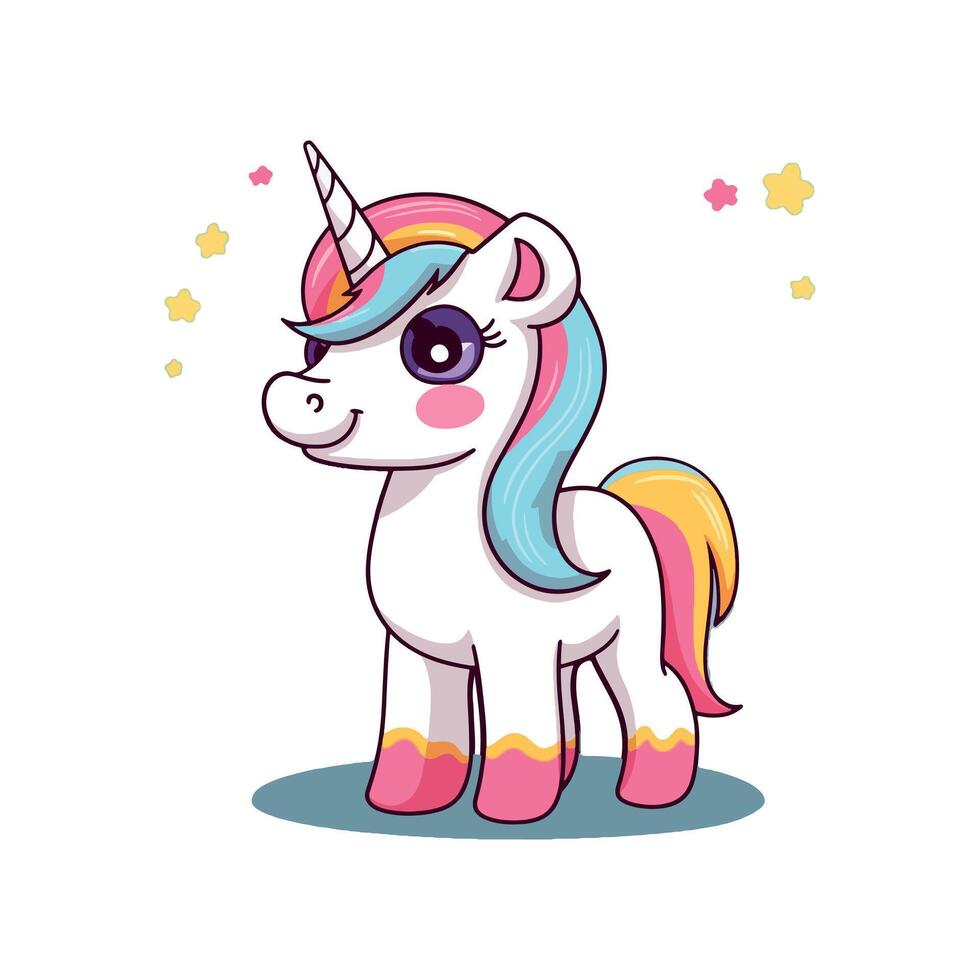 cute Unicorne, happy face, full body, side view, cartoon style, sticker, Unicorn rainbow coloring page illustration and white background. vector