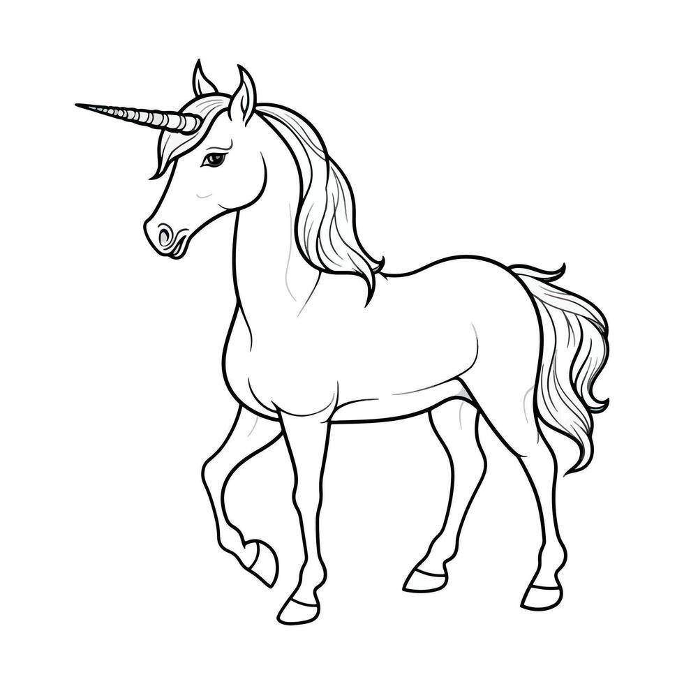 cute Unicorne, happy face, full body, side view, cartoon style, sticker, Unicorn rainbow coloring page illustration and white background. vector