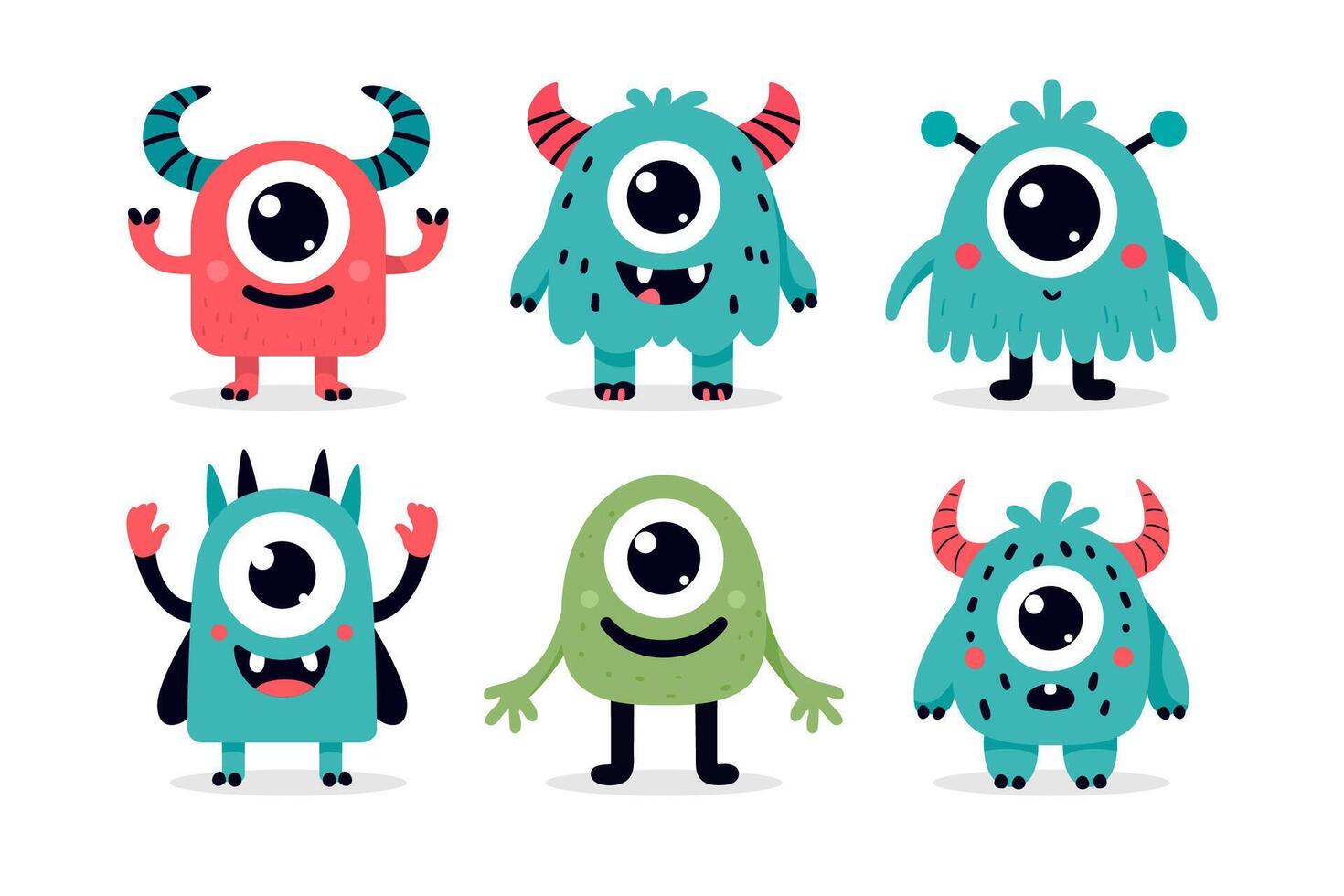 Vibrant set of colorful, cute monster cartoon flat illustrations for childrens books, party decorations, and prints on kids clothing for designing cheerful, playful projects. vector