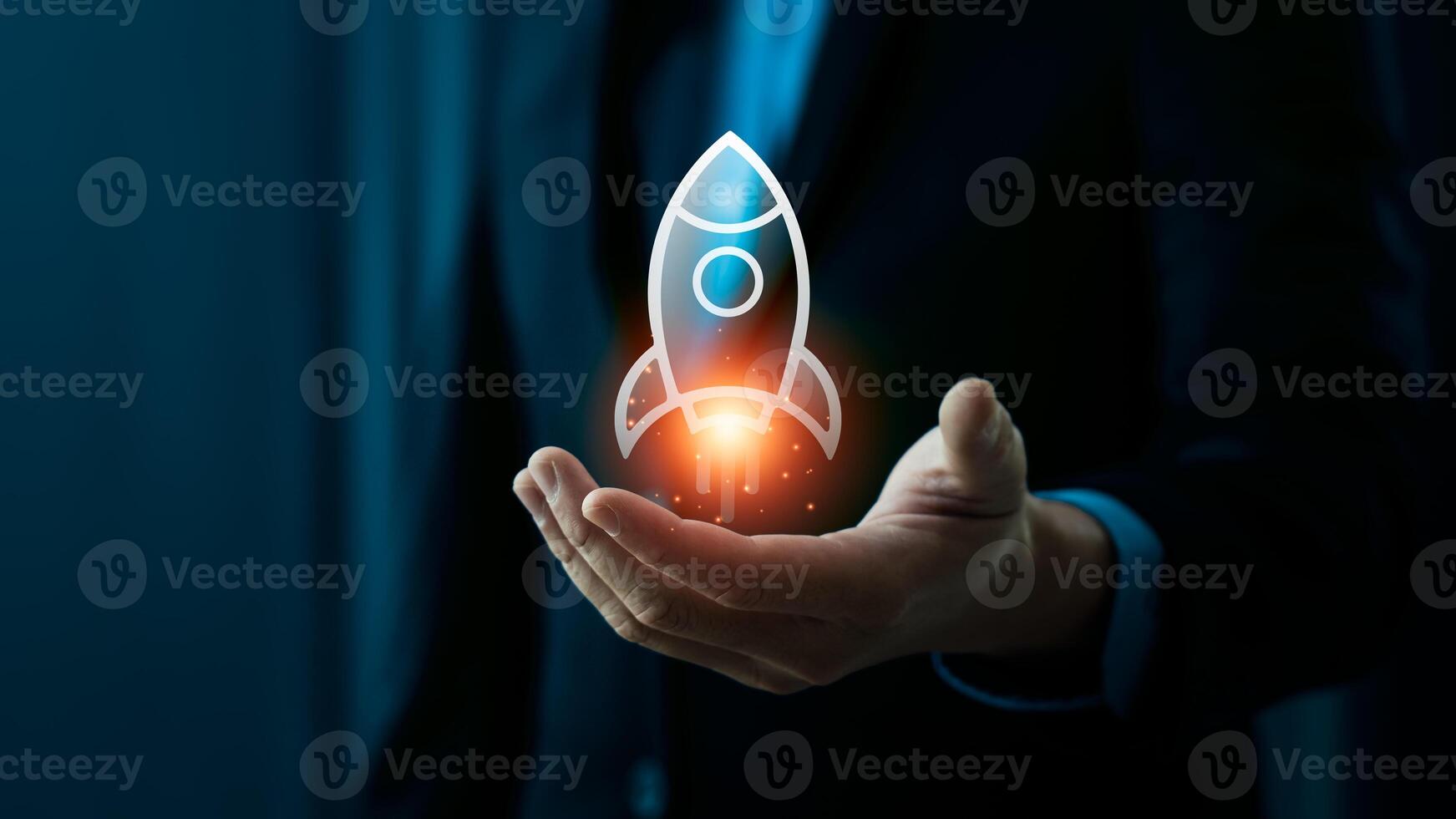 Businessman Holding Holographic Rocket Symbolizing Startup Launch and Innovation, Emphasizing Technological Advancement and Entrepreneurial Success, Global tech startup innovates to connect photo