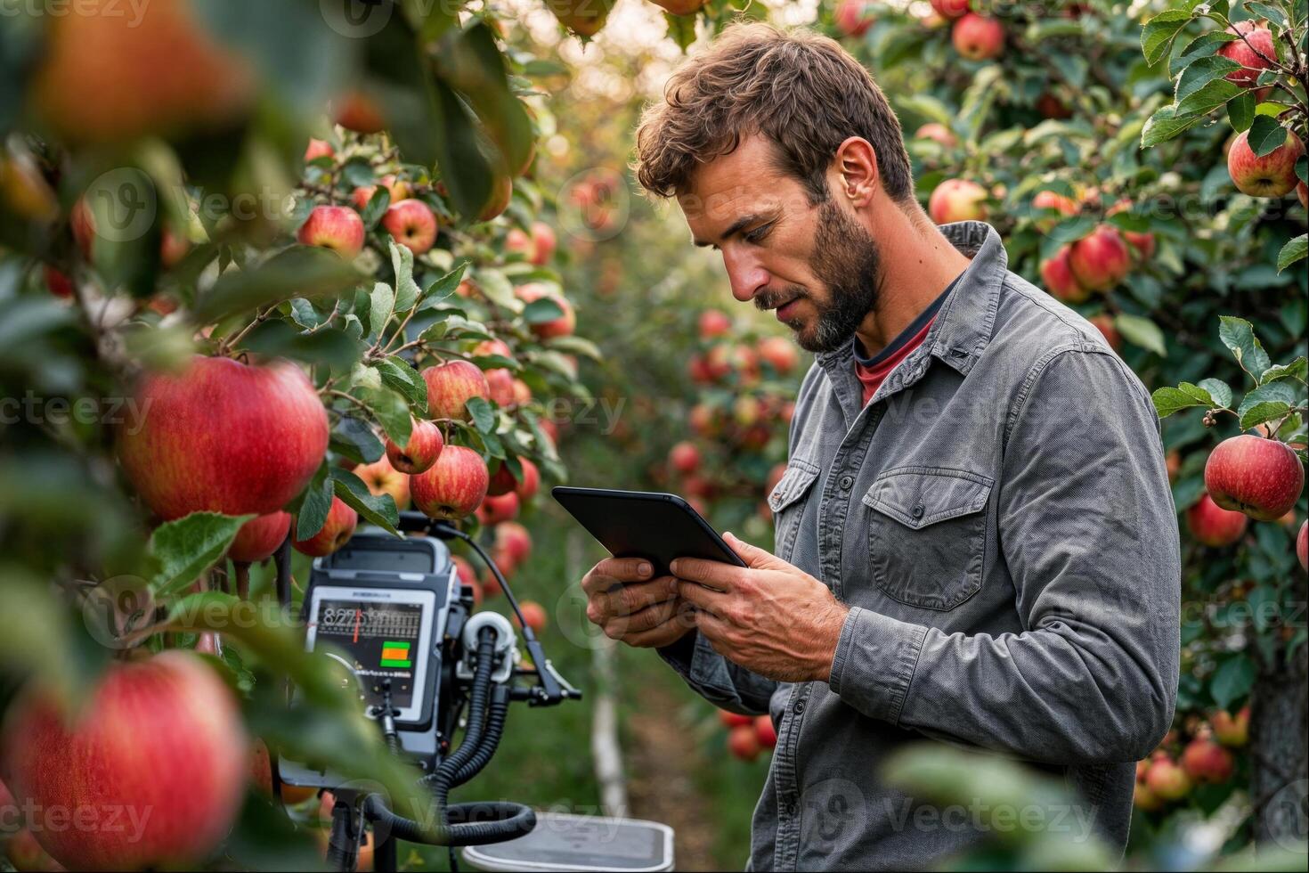 Young farmer controls the harvest in the apple orchard using modern technology photo