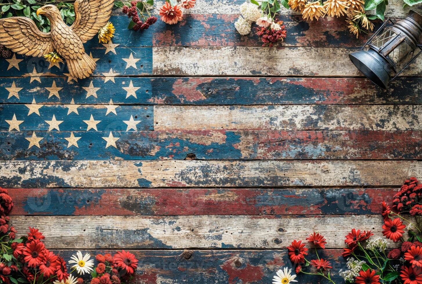 Patriotic flat lay background on rustic barn board with lanterns and american eagle photo