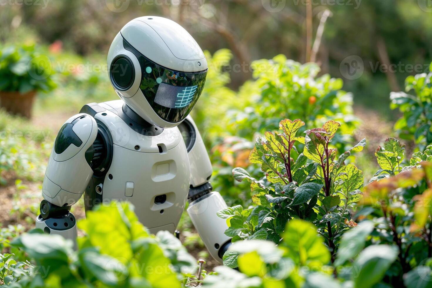 AI robot scanning health of garden plants, displaying data photo