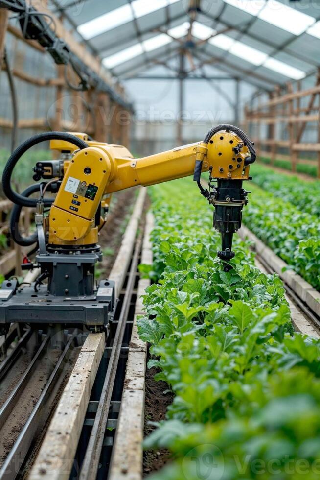 AI robot farming in a greenhouse with precision technology. photo