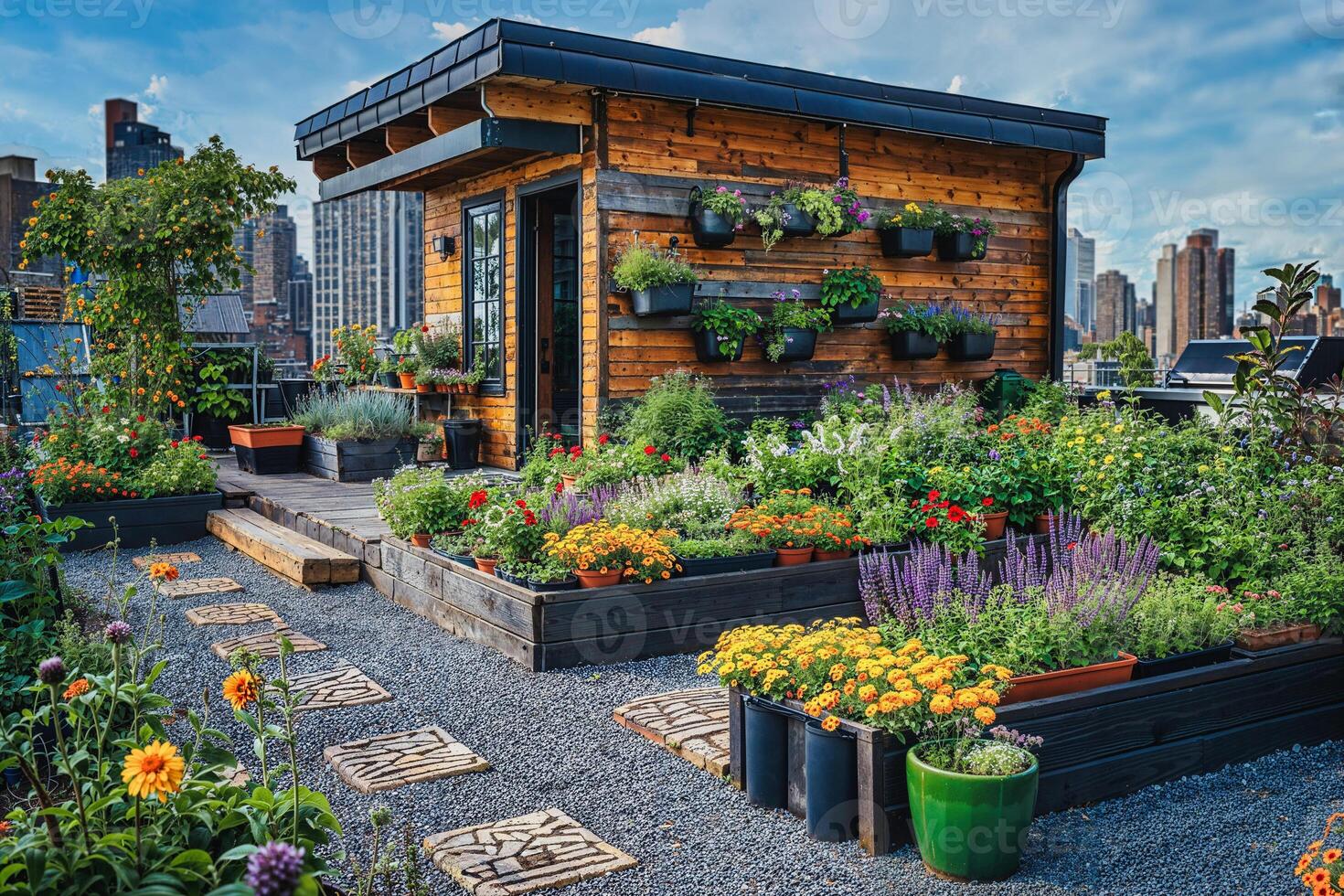 Urban rooftop garden with plants and flowers against the backdrop of a big city. photo