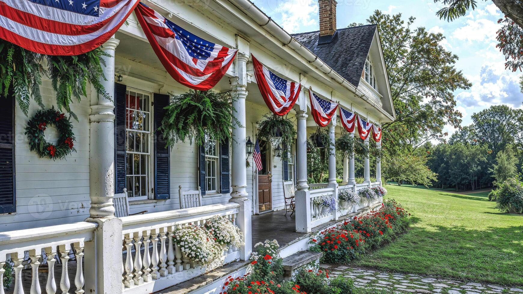 American house decorated for Independence Day with patriotic theme. photo