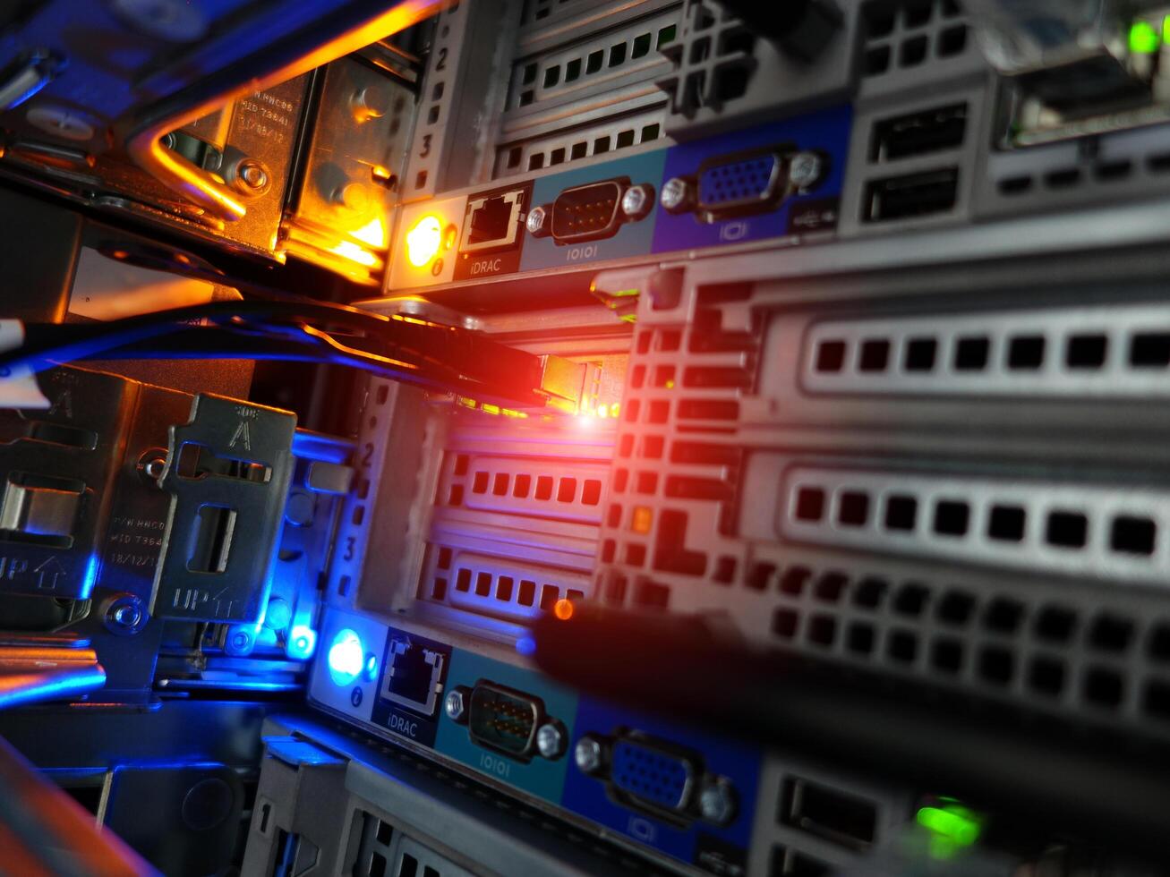 network cables connected to switch - closeup of data center hardware technology photo