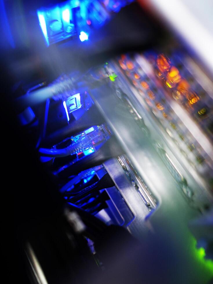 network cables connected to switch - closeup of data center hardware technology photo