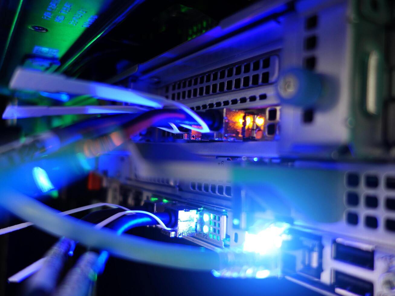 network cables connected to switch - closeup of data center hardware technology photo