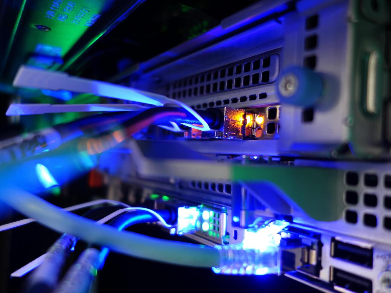 network cables connected to switch - closeup of data center hardware technology photo