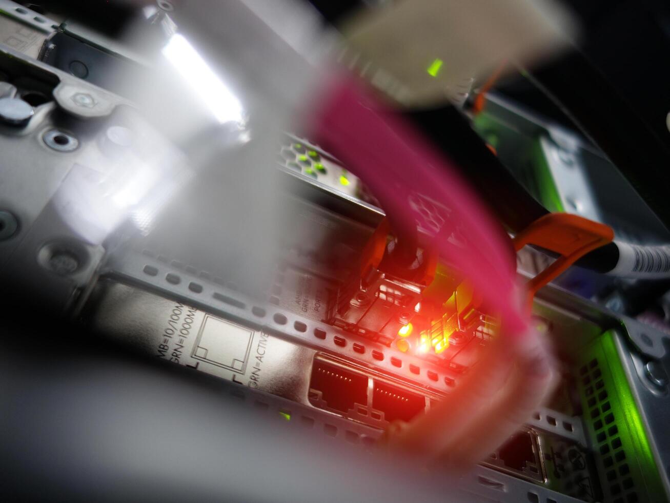network cables connected to switch - closeup of data center hardware technology photo