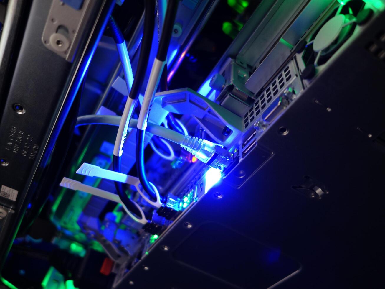 network cables connected to switch - closeup of data center hardware technology photo