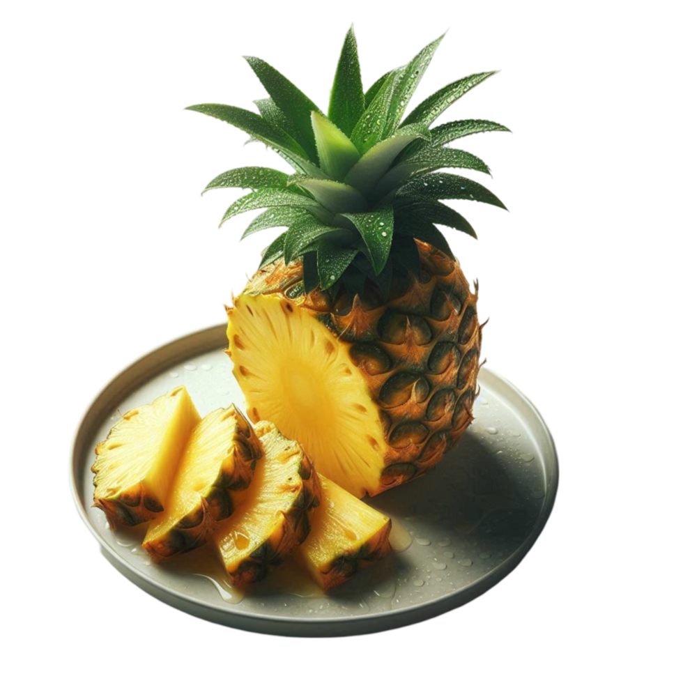 AI-Generated pineapple slices on a plate with a green leaf png
