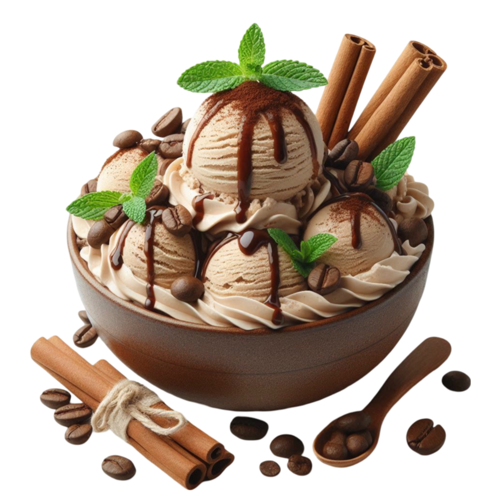 AI-Generated ice cream with coffee beans and cinnamon on a plate with a spoon and coffee beans png