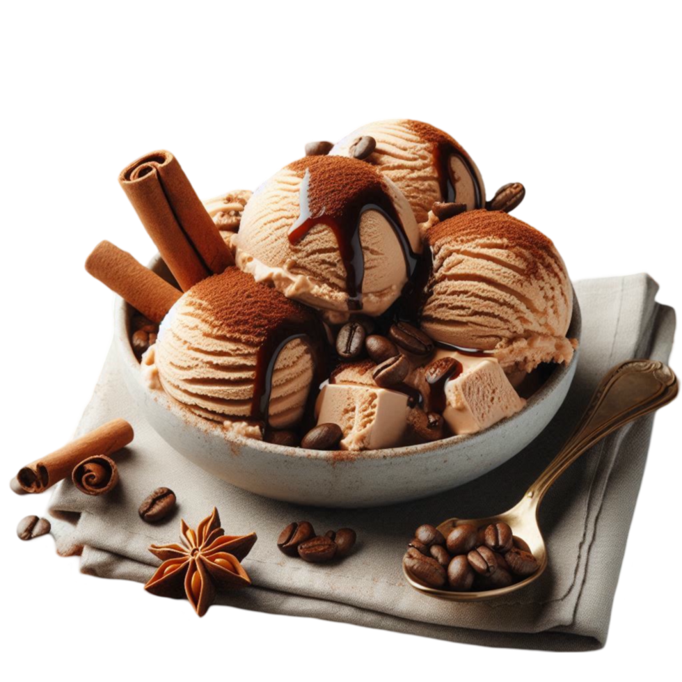 AI-Generated ice cream with coffee beans and cinnamon on a plate png