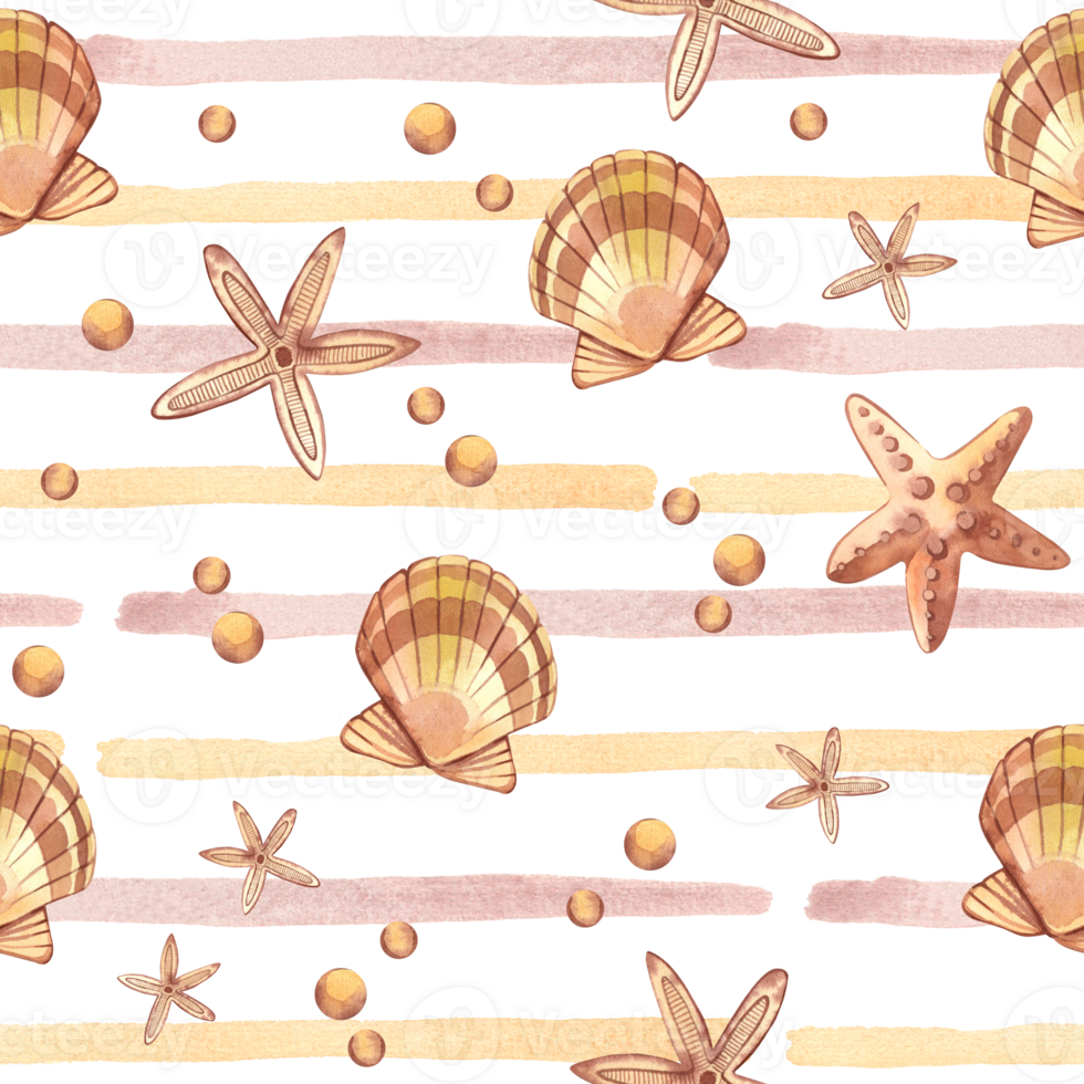 Seamless pattern on a marine theme. Seashells, stars, pink pearls, watercolor stripes hand painted with watercolors. Suitable for printing on fabric, paper, clothing, design, scrapbooking png