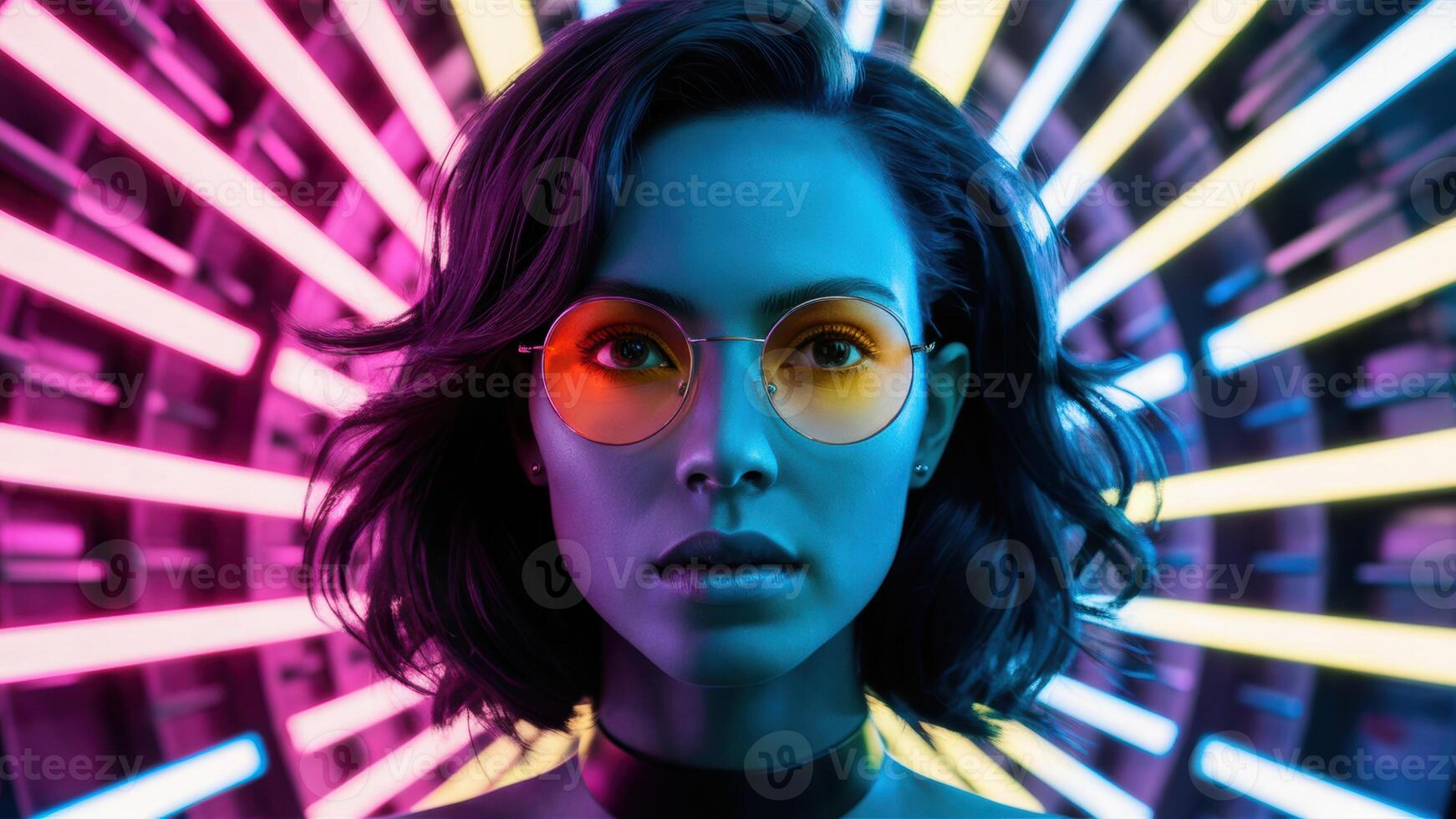 A woman with glasses and a colorful background, AI photo