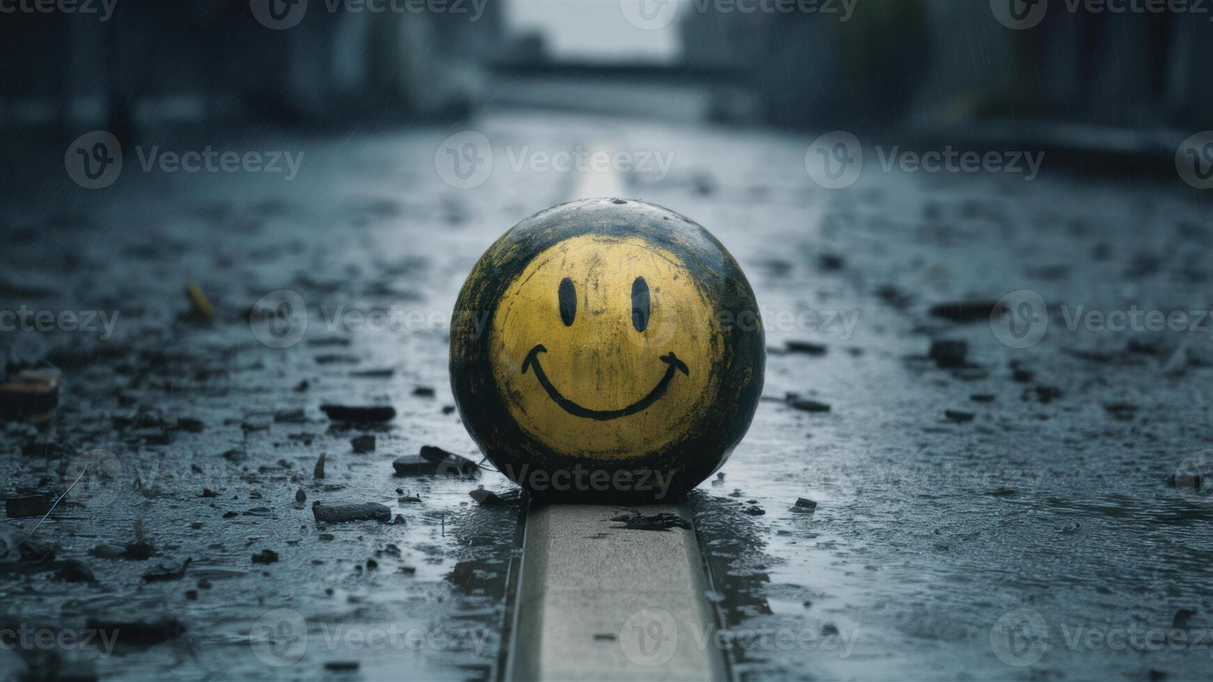A smiley face painted on a rock sitting in the middle of an empty street, AI photo
