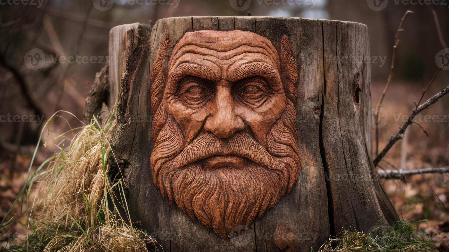 A carved face of a man on the side of an old stump, AI photo