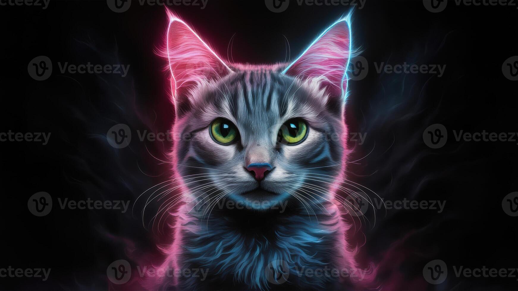 A close up of a cat with glowing eyes and neon colors, AI photo