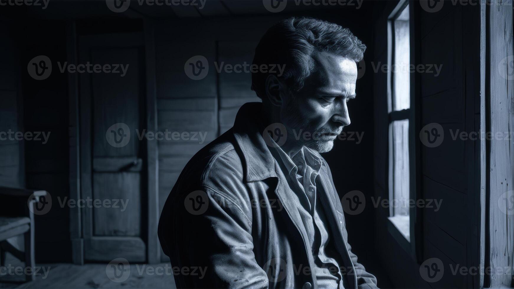 A man sitting in a room looking out the window, AI photo