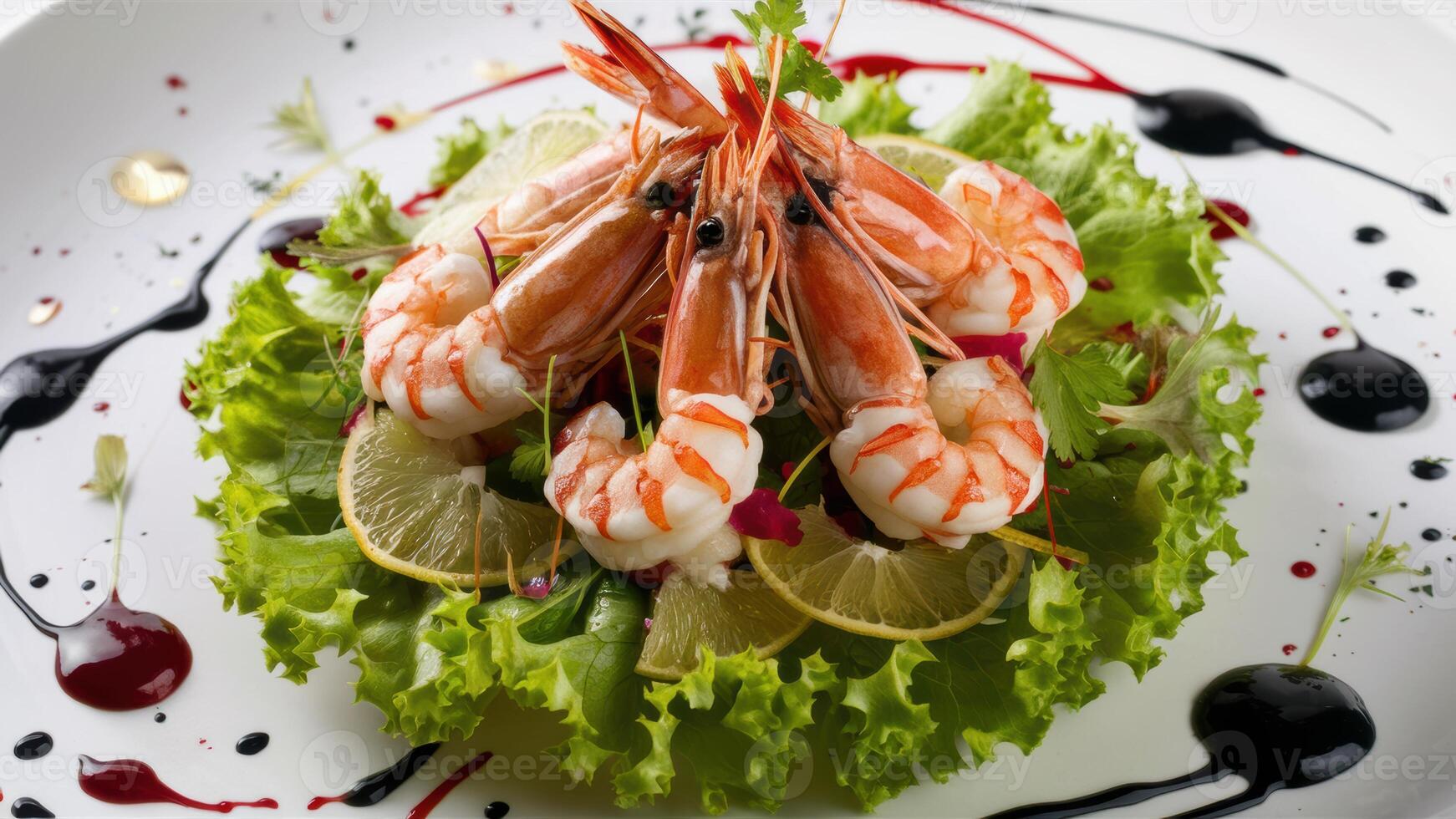 A plate of a salad with shrimp and lemon on top, AI photo
