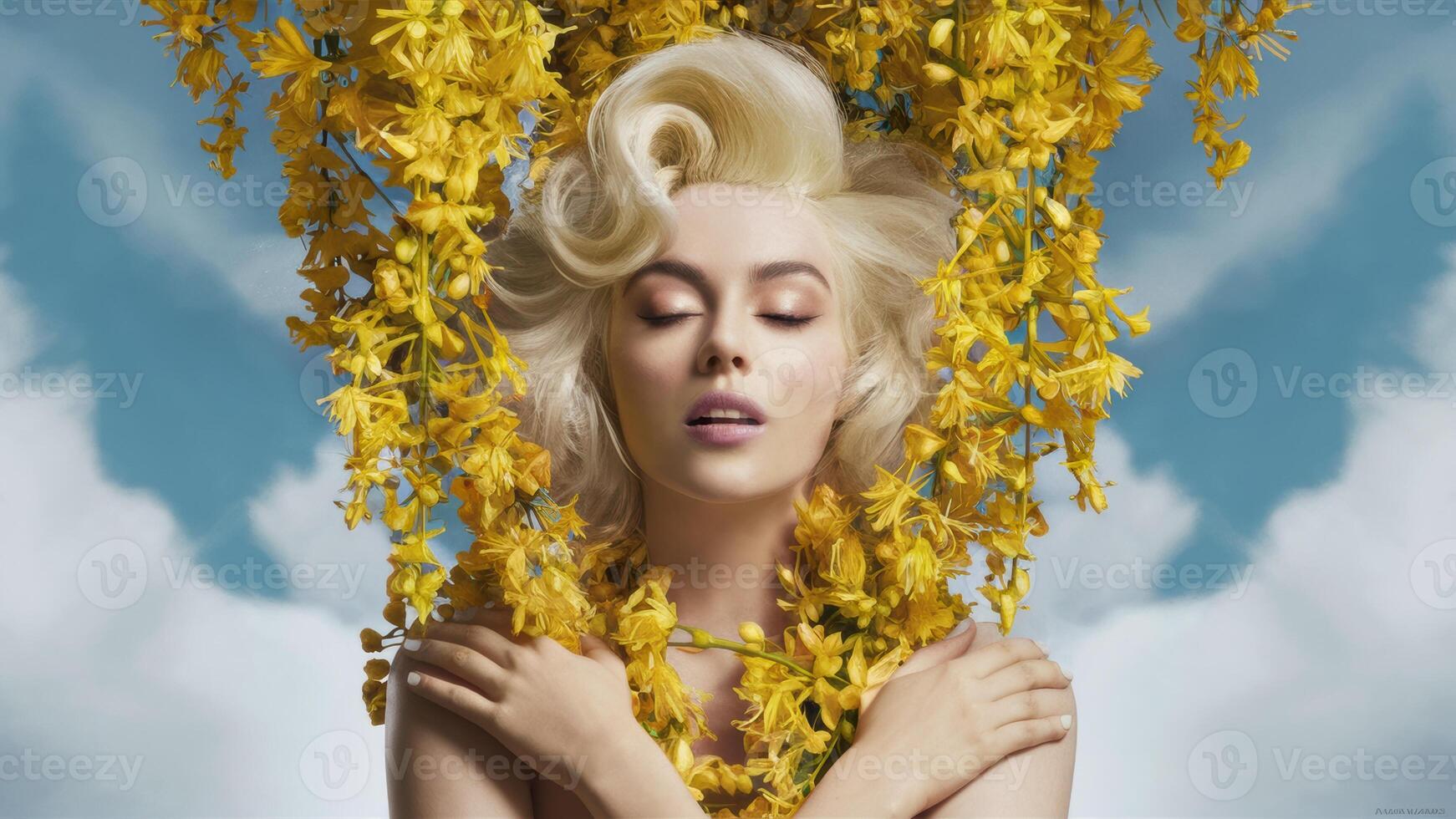 A woman with blonde hair and flowers in her eyes, AI photo