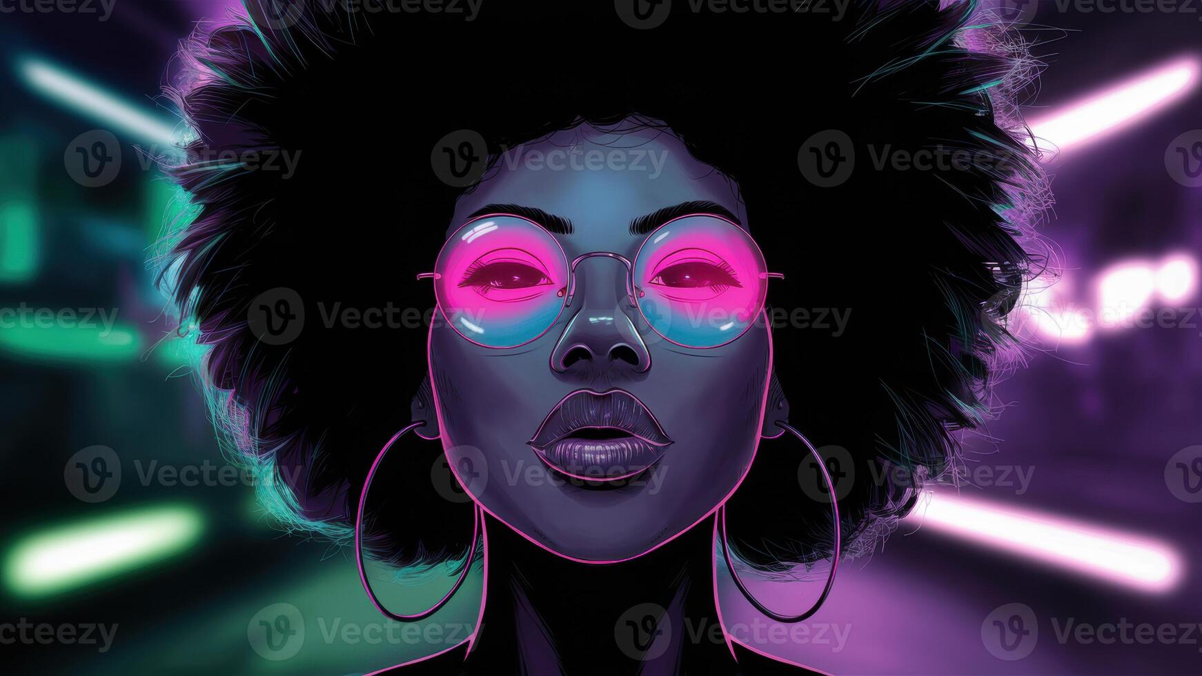 A woman with glasses and a afro is looking at something, AI photo