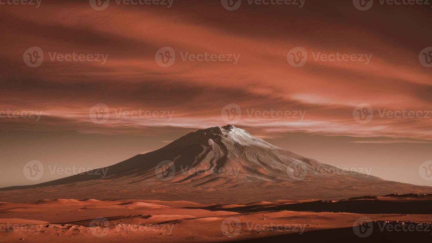 A mountain on Mars in the distance with red sky and clouds, AI photo