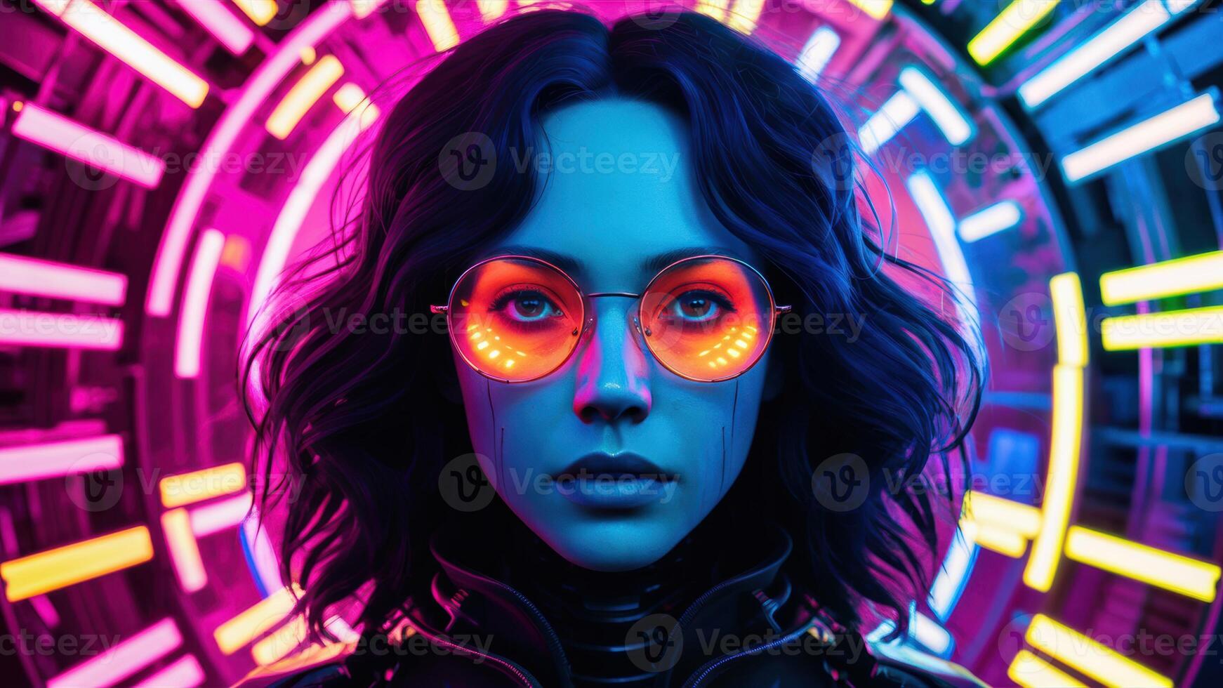A woman with glowing eyes and a futuristic looking background, AI photo