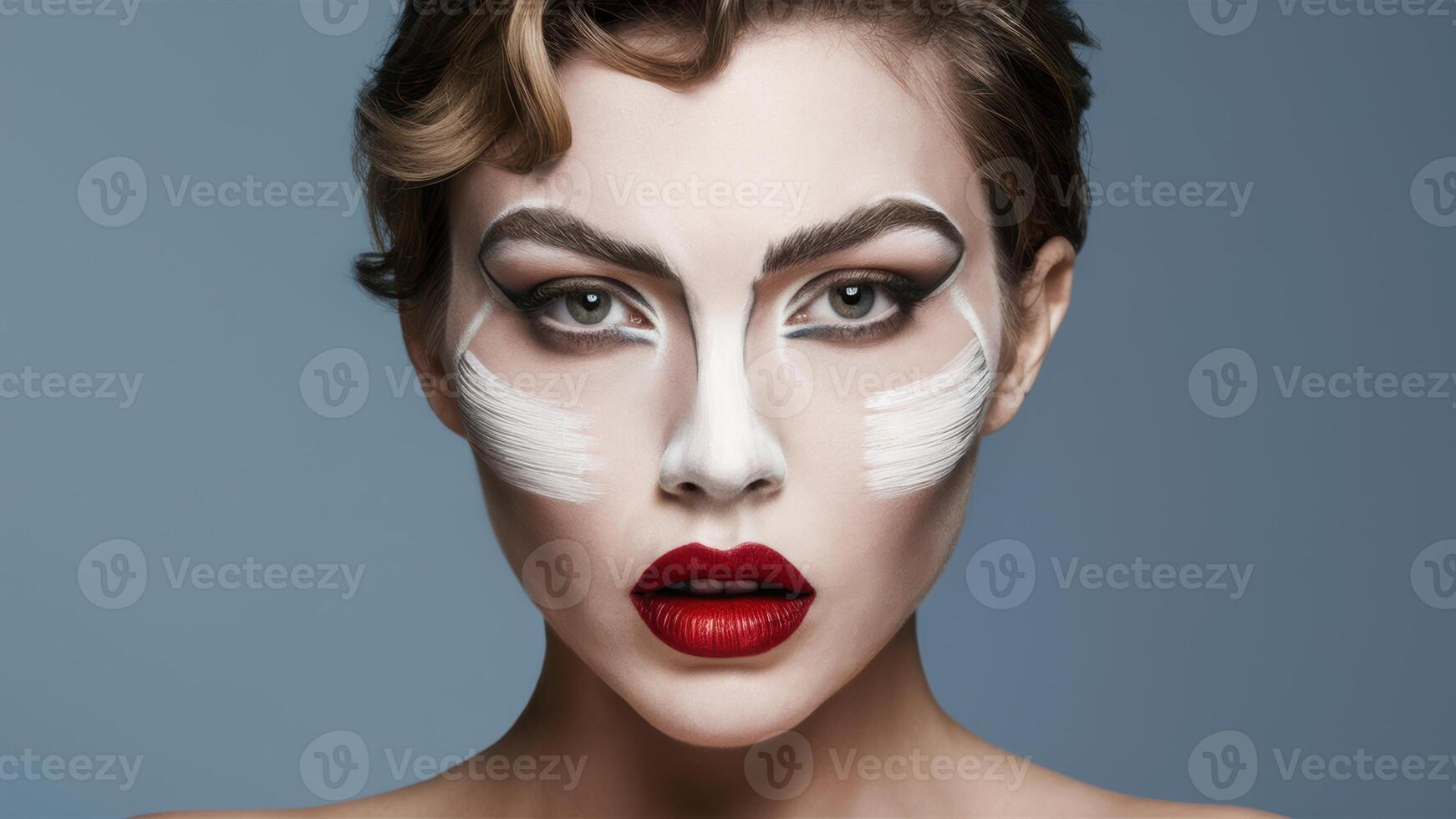 A woman with white face paint and red lips posing for a photo, AI photo