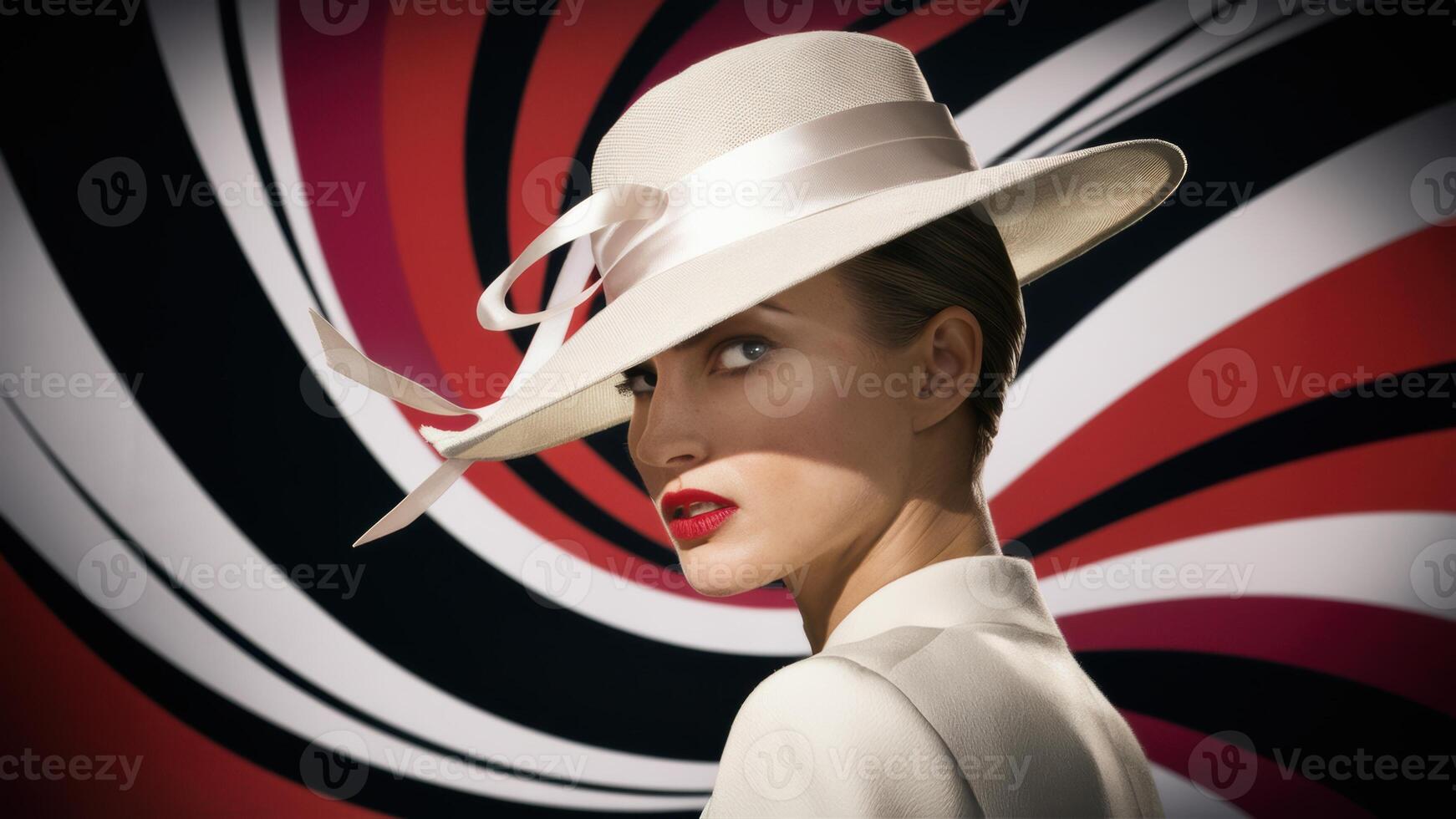 A woman in a white hat with red lips and hair, AI photo