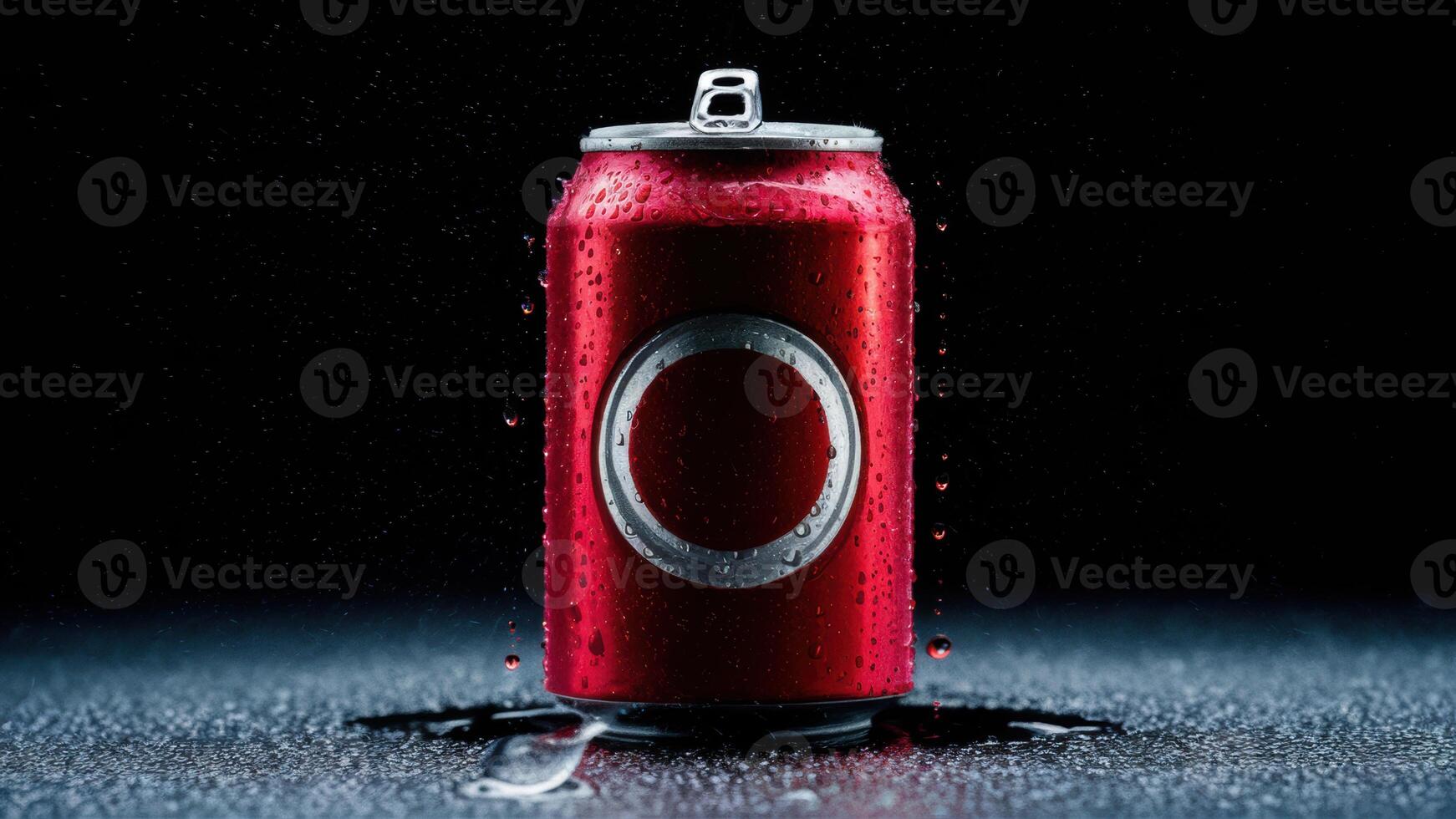 A can of a red soda can sitting in water on the ground, AI photo