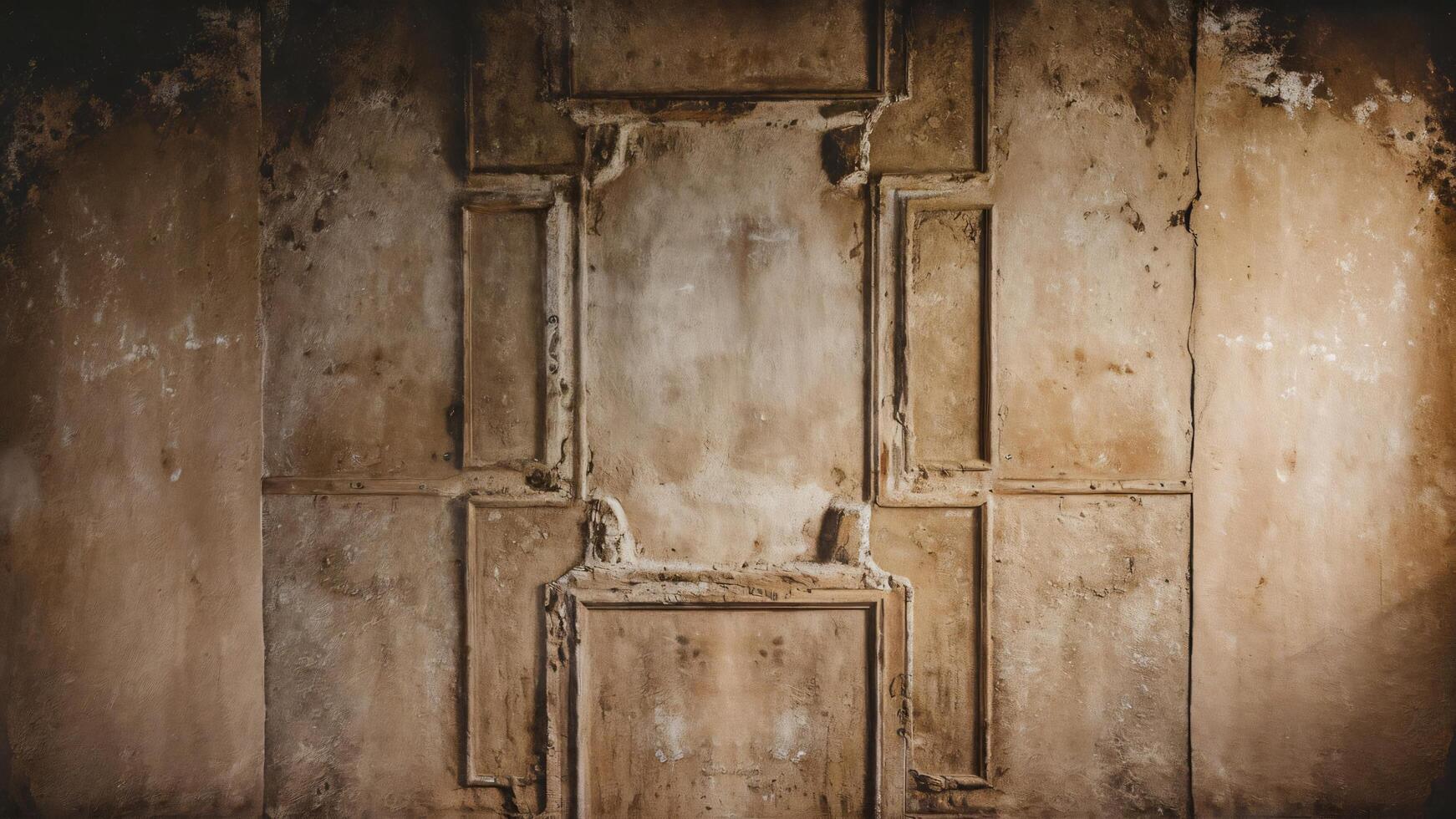 a photo of a wall with a picture of a man on it and a frame with a cross on it.