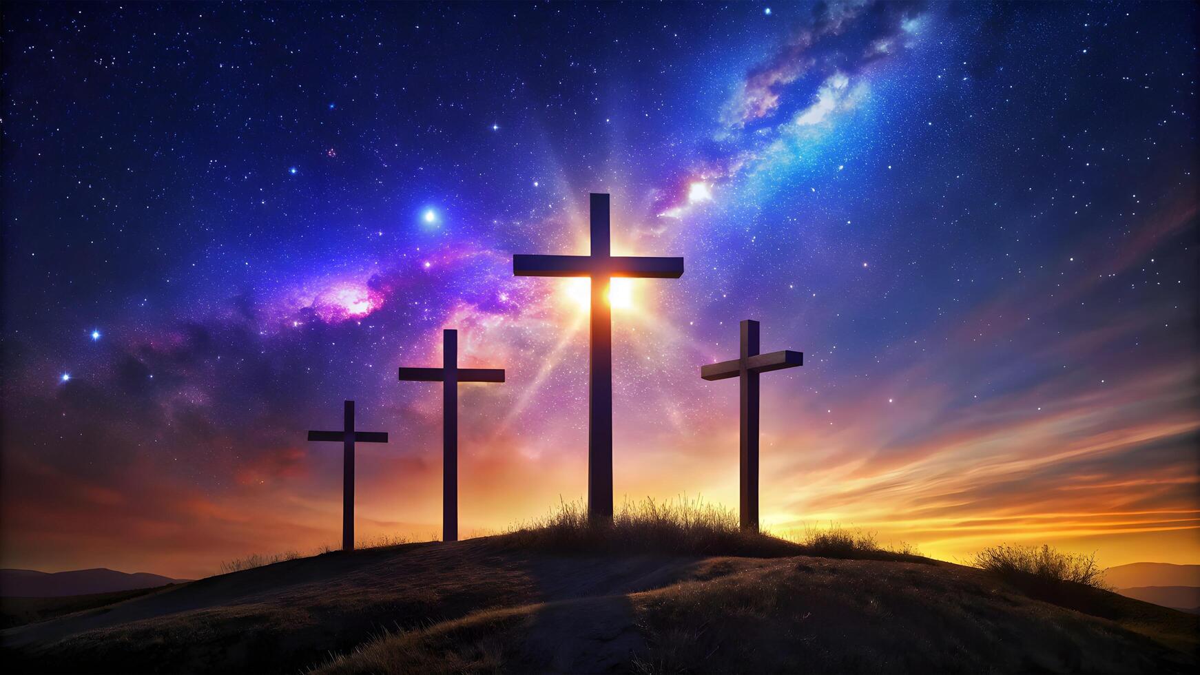 Silhouette of Crosses at Night, Symbolizing the Crucifixion of Jesus photo