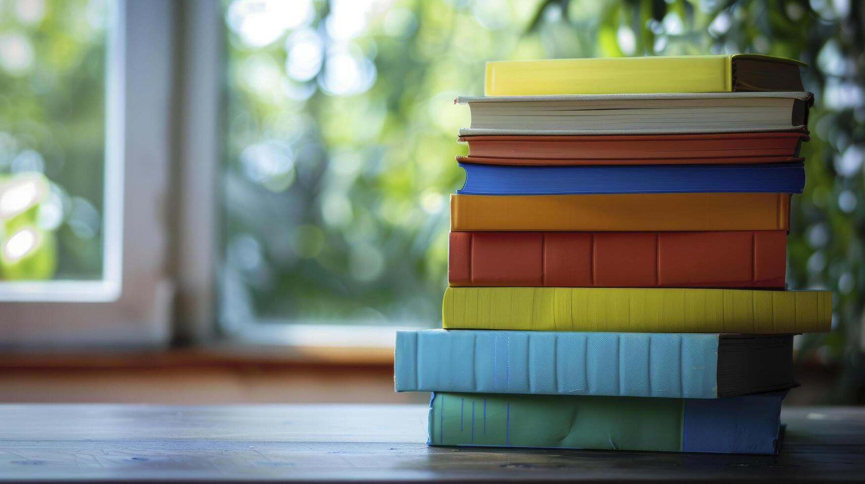 A stack of colorful books on top of each other on the floor with blurred glass window background photo