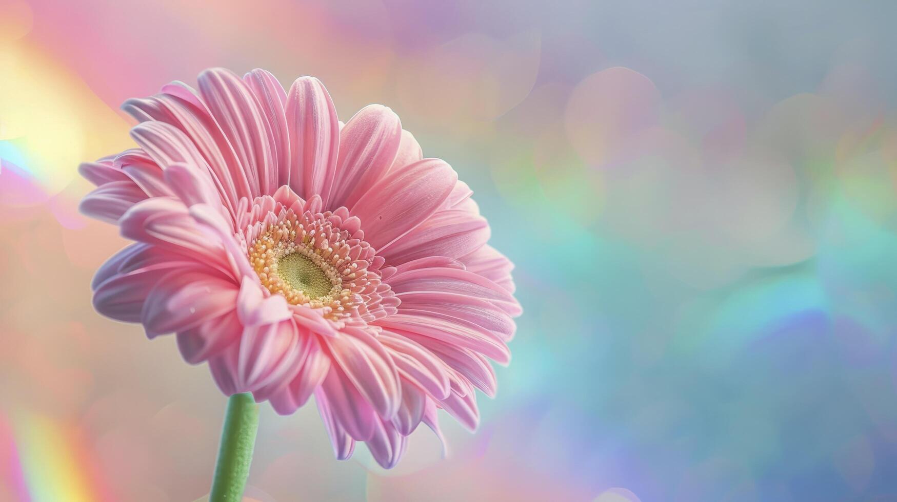 Pink gerbera daisy in front of a rainbow background photo