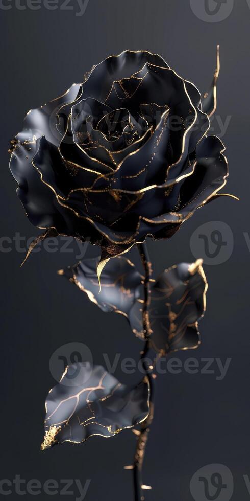 A black rose with gold accents is the main focus of the image. The rose is surrounded by a dark background, which adds to the overall mood of the piece photo
