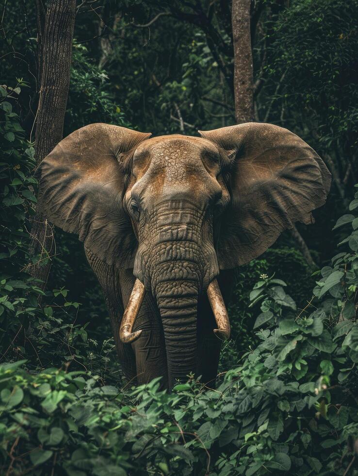 A majestic elephant stands tall in the dense greenery of an African forest photo