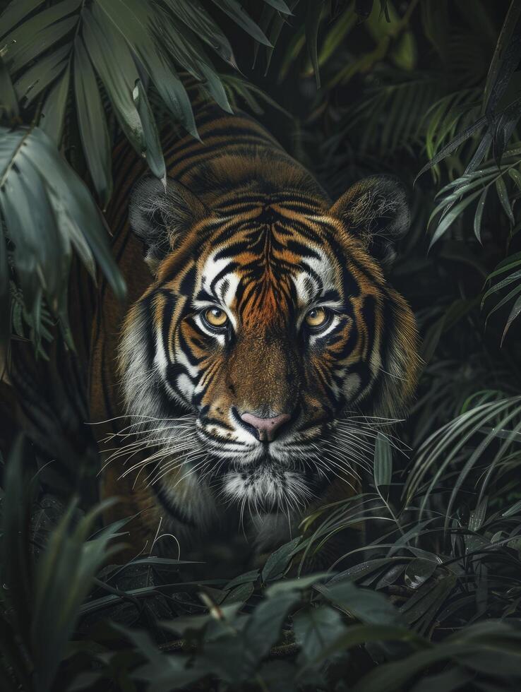 A majestic tiger, its eyes glowing with an intense focus as it slides through the dense foliage of a jungle. photo