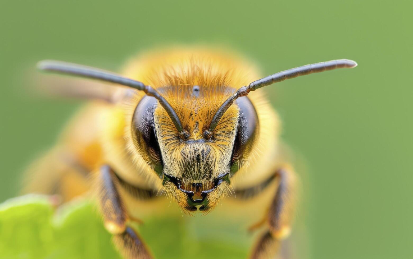 A closeup of the face and head of an African honey bee, showing detailed woolen hair on its back against a green background. photo