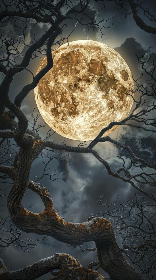 Twisted tree branches against a full moon and dark sky. photo