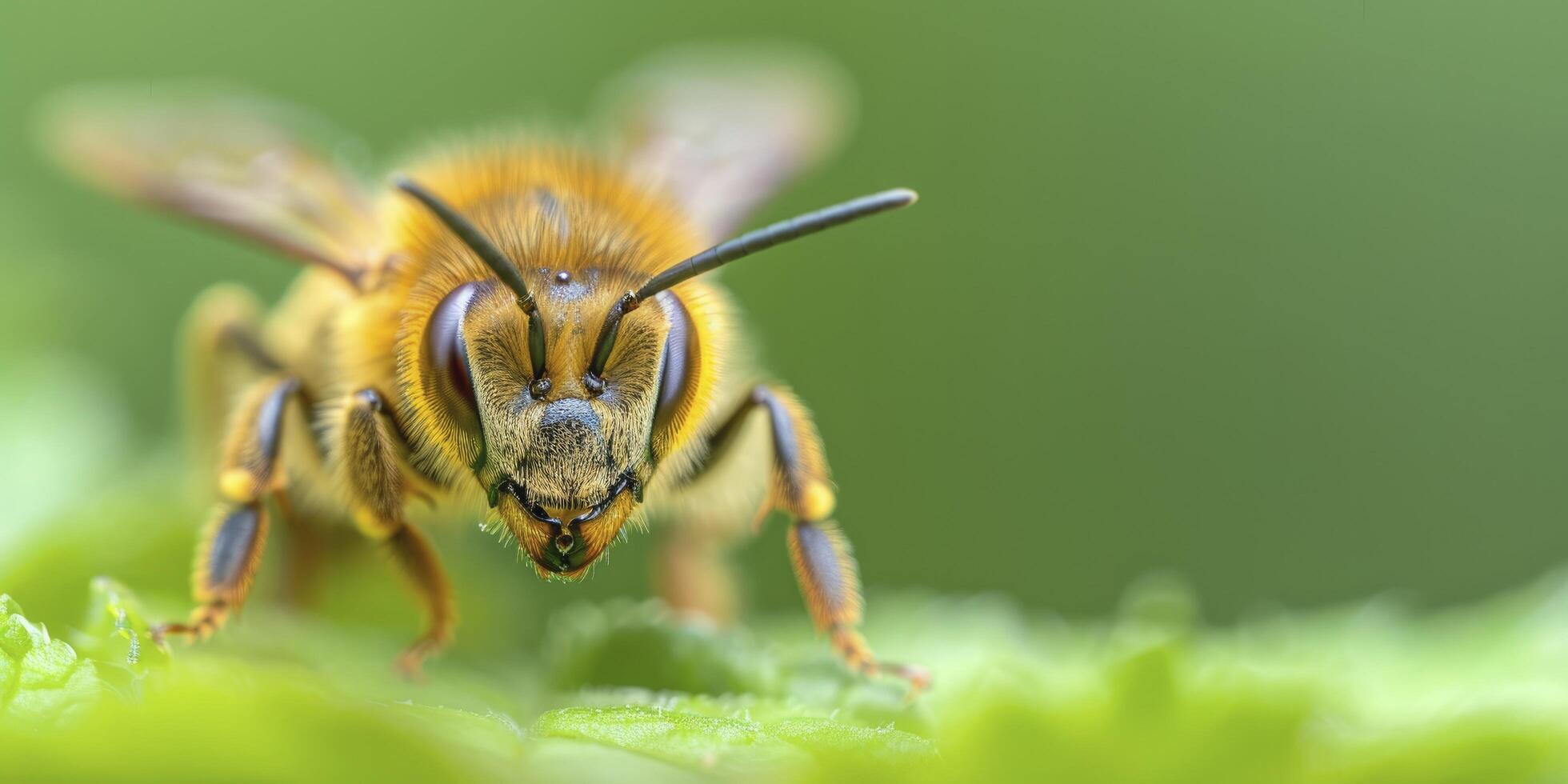 A closeup of the face and head of an African honey bee, showing detailed woolen hair on its back against a green background. photo