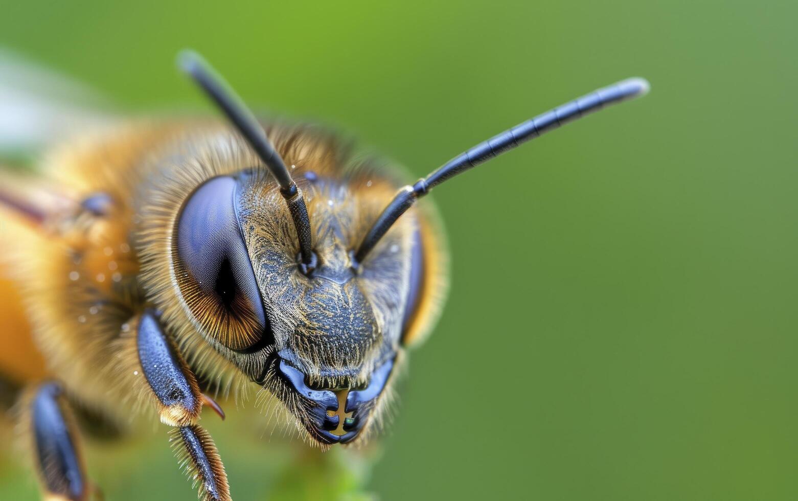 A closeup of the face and head of an African honey bee, showing detailed woolen hair on its back against a green background. photo