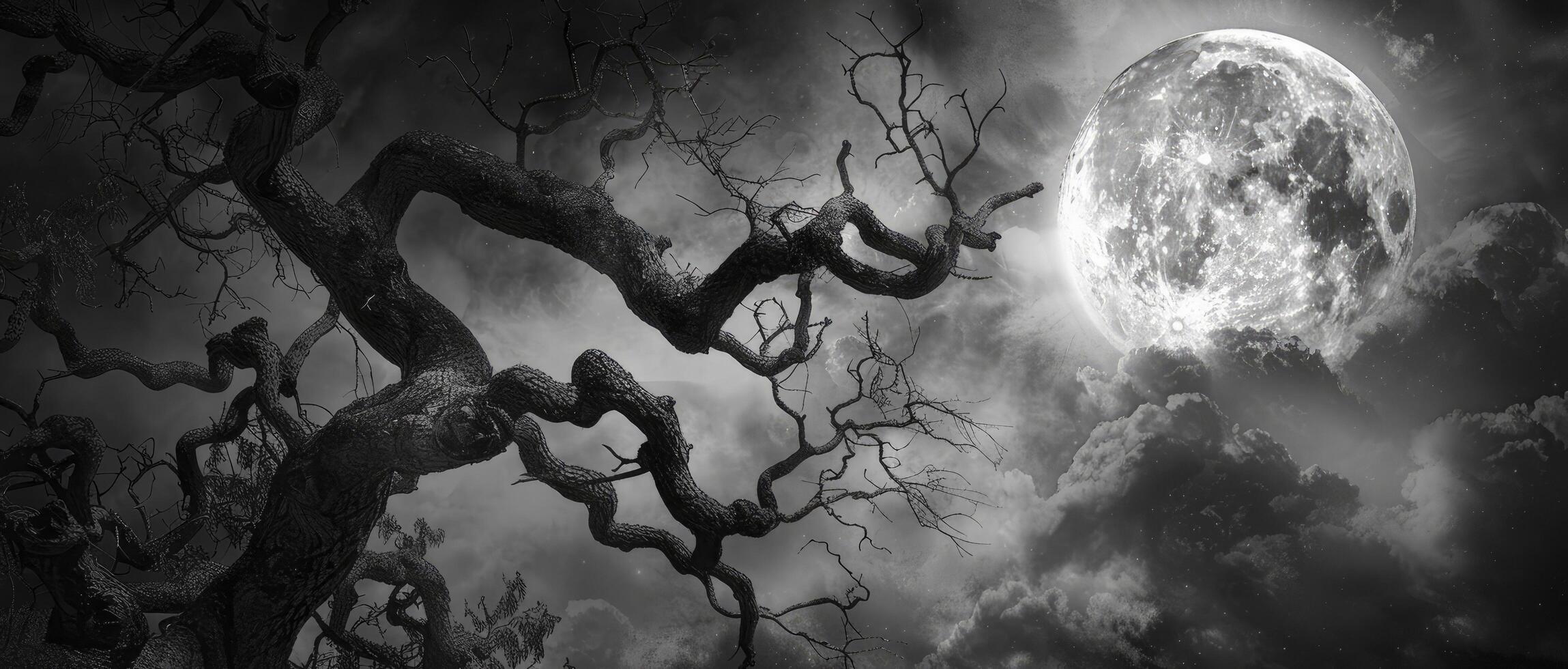 Twisted tree branches against a full moon and dark sky. photo